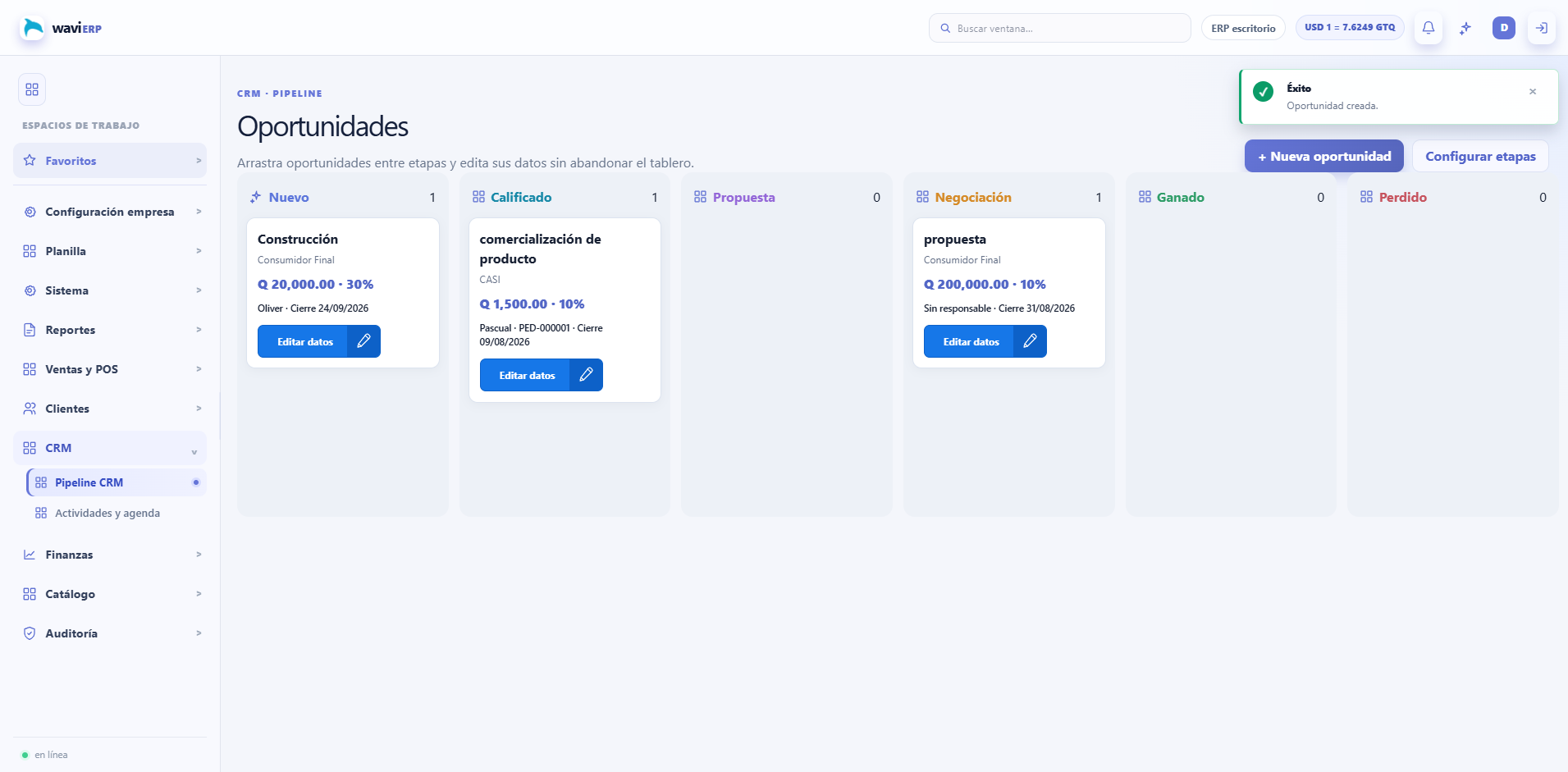 Pipeline CRM de Wavi ERP